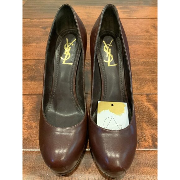 YSL Brown Leather Classic Tribtoo Platform Heels, Size 39 (IT), 9 (US)